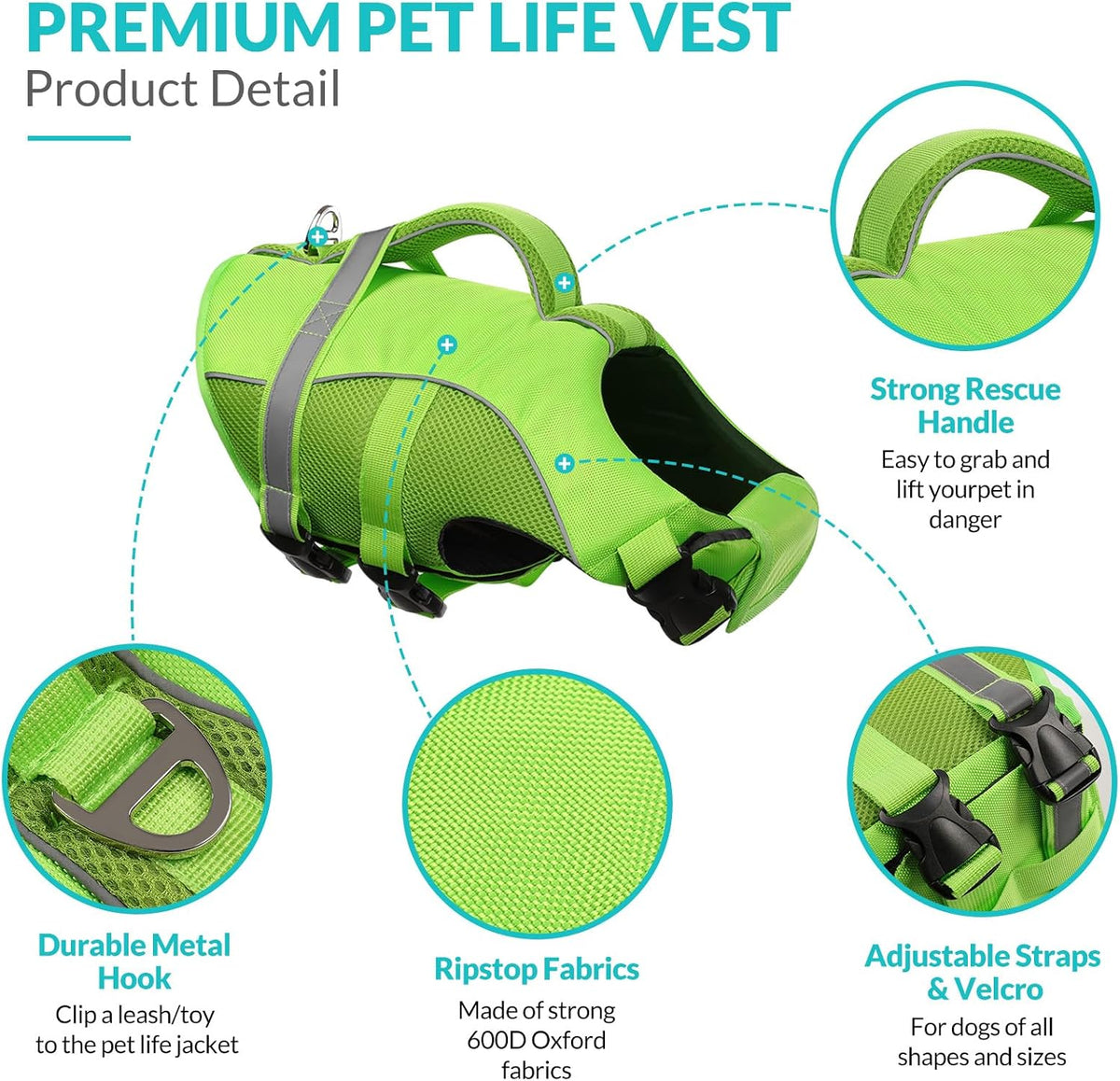 Adjustable Ripstop Dog Life Vest for Swimming & Boating, Lifesaver with Superior Buoyancy & Rescue Handle, Green, M