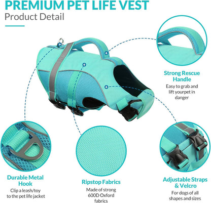 Adjustable Ripstop Dog Life Vest for Swimming & Boating, Lifesaver with Superior Buoyancy & Rescue Handle, Green, M