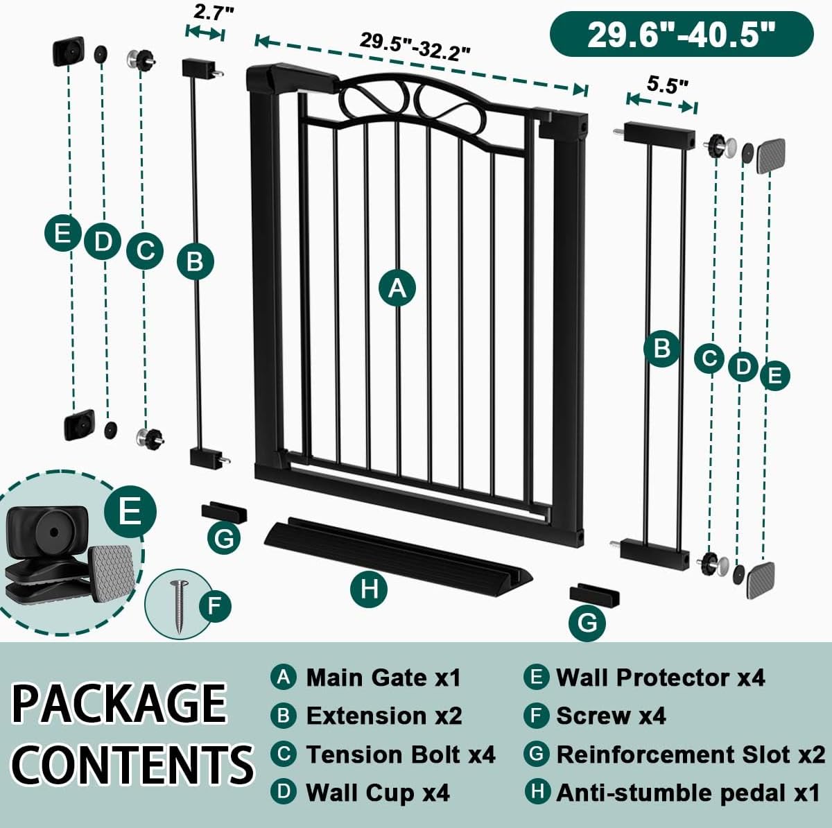 76.4"-81.8" Extra Wide Baby Gate for Stairs Doorways, Pressure Mount Pet Gate Auto Close Safety Child Gate, Long Large Dog Gate Indoor for House, 77 78 79 80 81 Inches Wide, Black