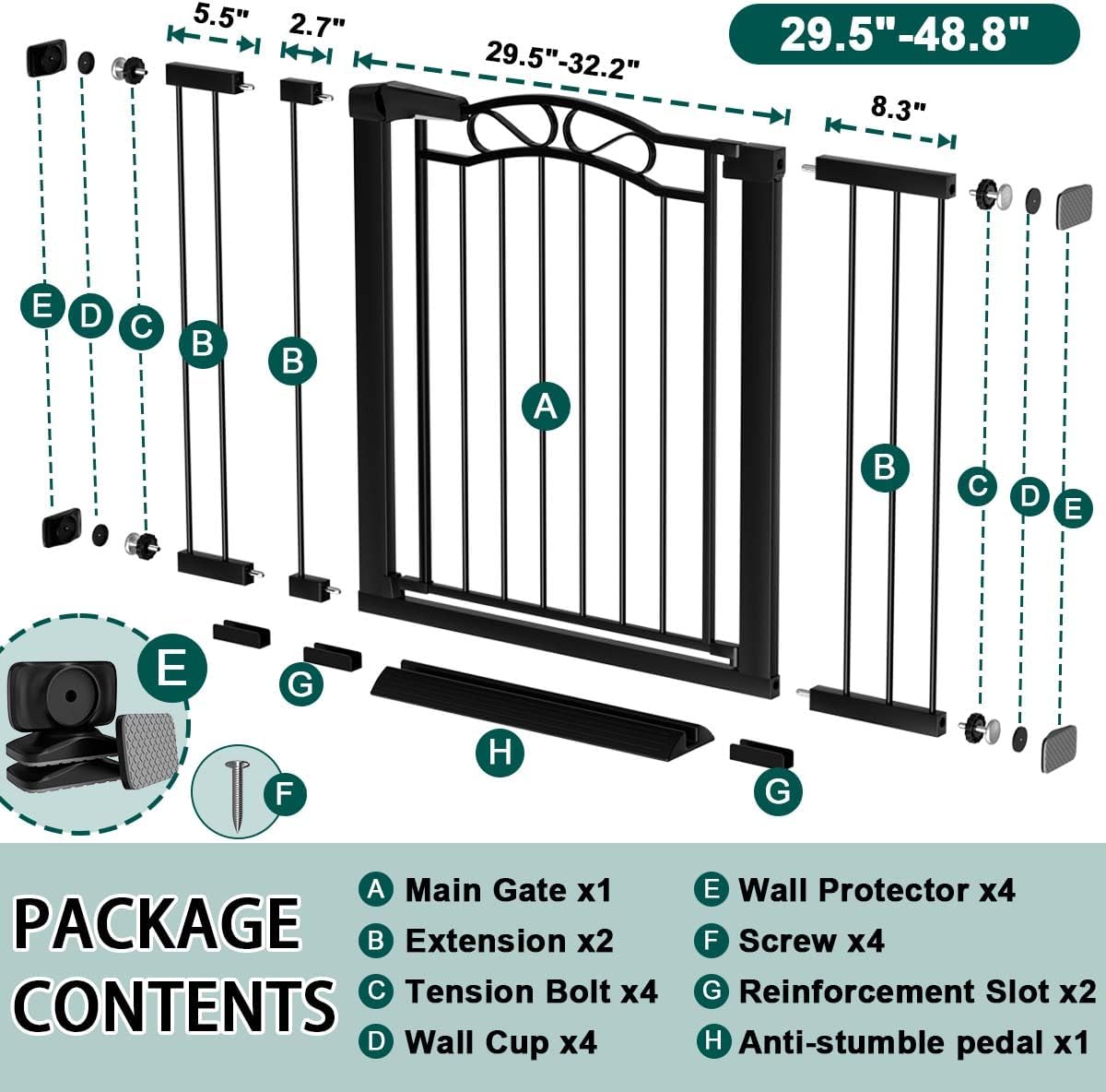 76.4"-81.8" Extra Wide Baby Gate for Stairs Doorways, Pressure Mount Pet Gate Auto Close Safety Child Gate, Long Large Dog Gate Indoor for House, 77 78 79 80 81 Inches Wide, Black