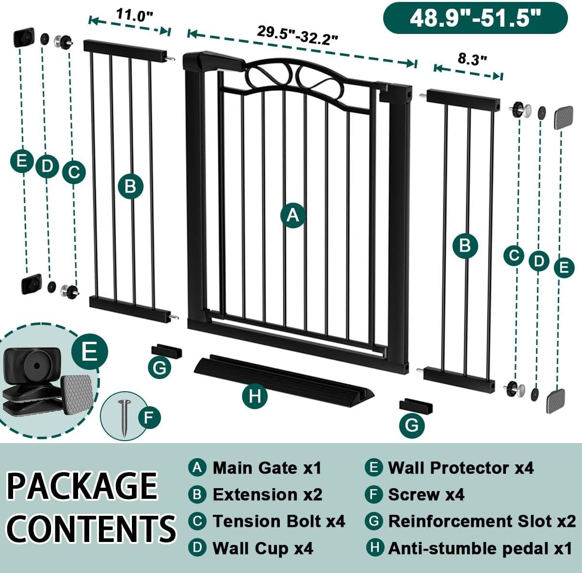 76.4"-81.8" Extra Wide Baby Gate for Stairs Doorways, Pressure Mount Pet Gate Auto Close Safety Child Gate, Long Large Dog Gate Indoor for House, 77 78 79 80 81 Inches Wide, Black