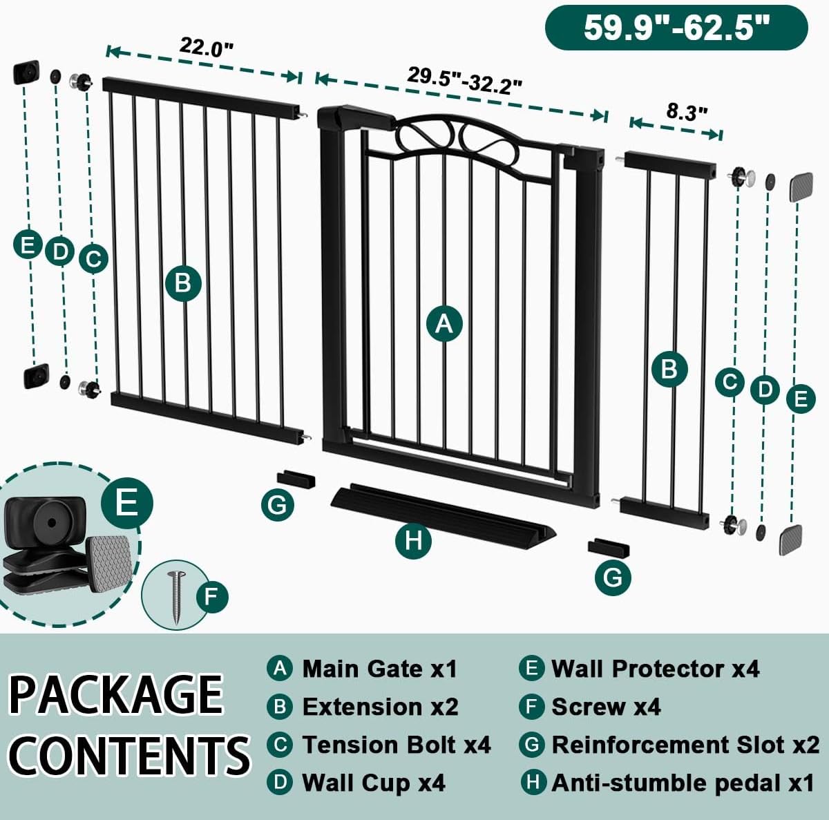 76.4"-81.8" Extra Wide Baby Gate for Stairs Doorways, Pressure Mount Pet Gate Auto Close Safety Child Gate, Long Large Dog Gate Indoor for House, 77 78 79 80 81 Inches Wide, Black
