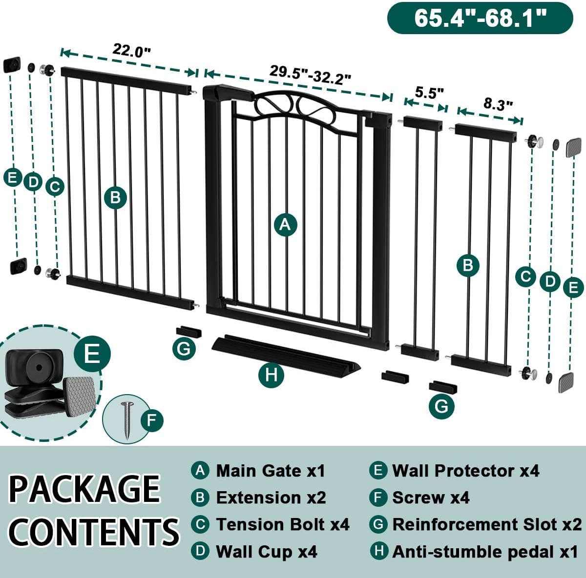 76.4"-81.8" Extra Wide Baby Gate for Stairs Doorways, Pressure Mount Pet Gate Auto Close Safety Child Gate, Long Large Dog Gate Indoor for House, 77 78 79 80 81 Inches Wide, Black