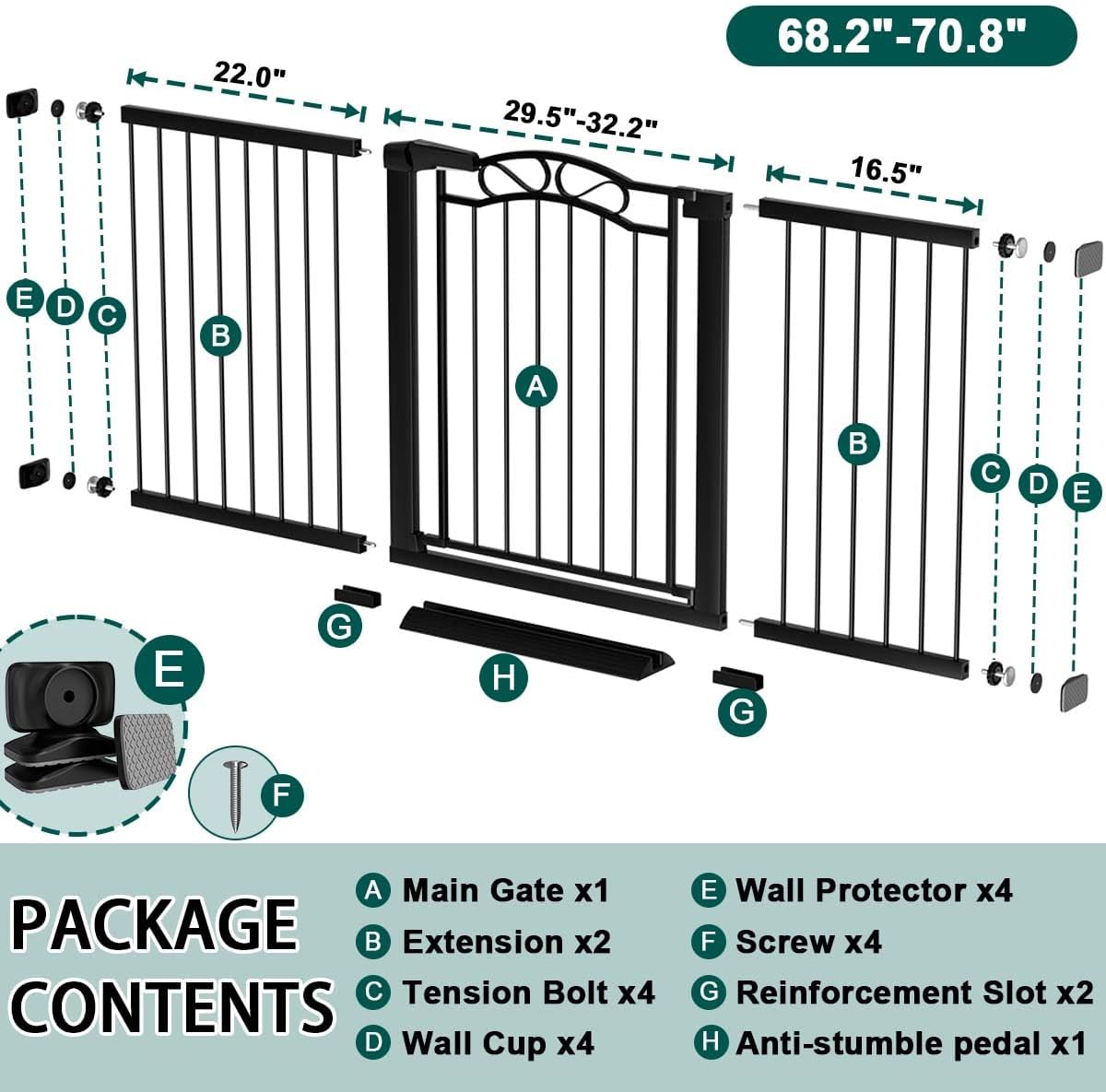 76.4"-81.8" Extra Wide Baby Gate for Stairs Doorways, Pressure Mount Pet Gate Auto Close Safety Child Gate, Long Large Dog Gate Indoor for House, 77 78 79 80 81 Inches Wide, Black