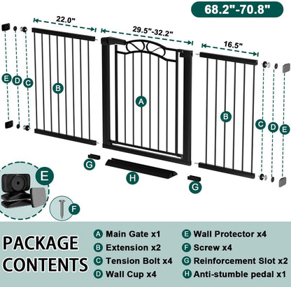 76.4"-81.8" Extra Wide Baby Gate for Stairs Doorways, Pressure Mount Pet Gate Auto Close Safety Child Gate, Long Large Dog Gate Indoor for House, 77 78 79 80 81 Inches Wide, Black