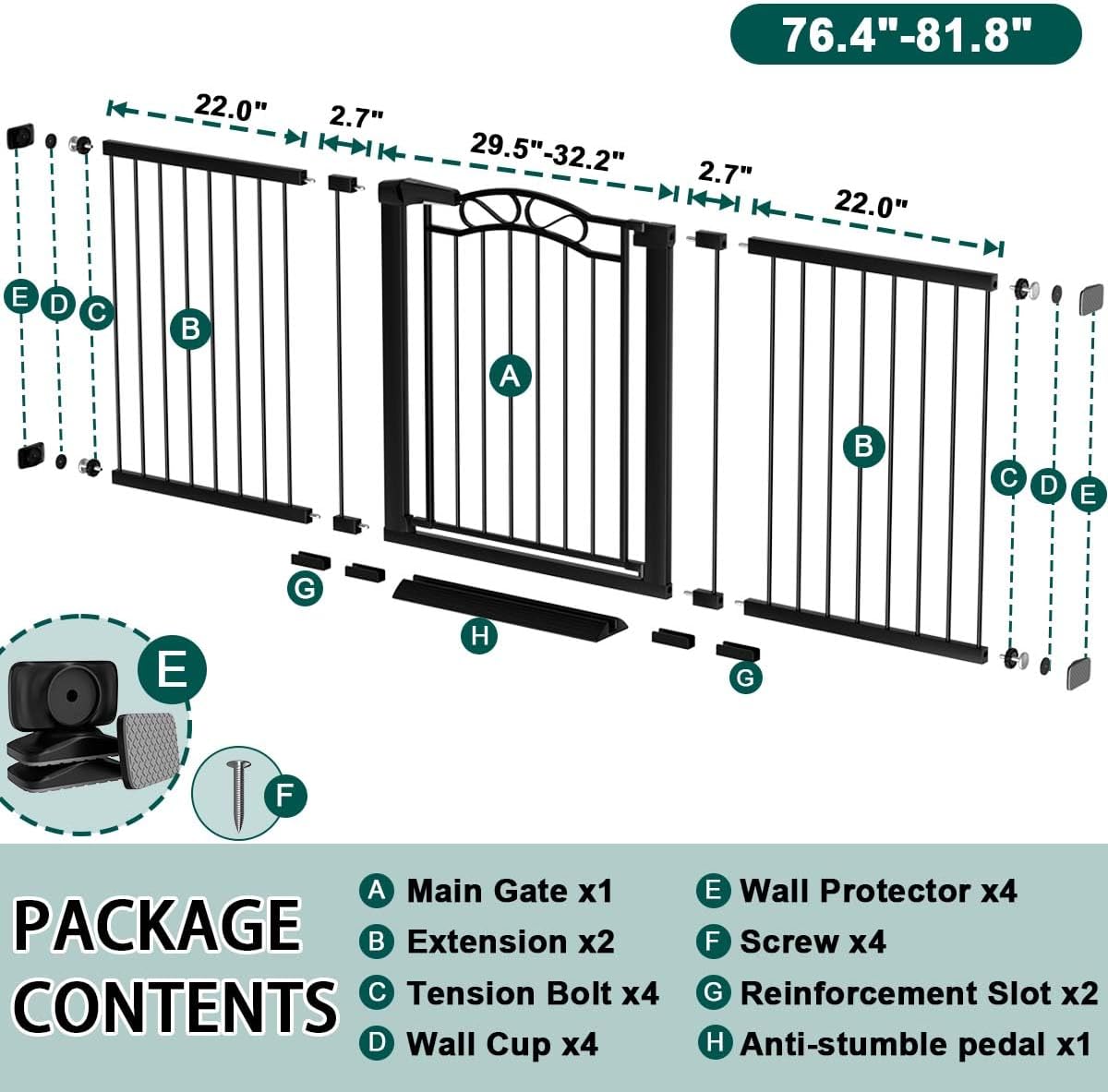 76.4"-81.8" Extra Wide Baby Gate for Stairs Doorways, Pressure Mount Pet Gate Auto Close Safety Child Gate, Long Large Dog Gate Indoor for House, 77 78 79 80 81 Inches Wide, Black