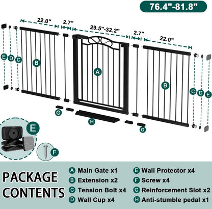 76.4"-81.8" Extra Wide Baby Gate for Stairs Doorways, Pressure Mount Pet Gate Auto Close Safety Child Gate, Long Large Dog Gate Indoor for House, 77 78 79 80 81 Inches Wide, Black