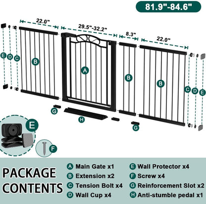 76.4"-81.8" Extra Wide Baby Gate for Stairs Doorways, Pressure Mount Pet Gate Auto Close Safety Child Gate, Long Large Dog Gate Indoor for House, 77 78 79 80 81 Inches Wide, Black