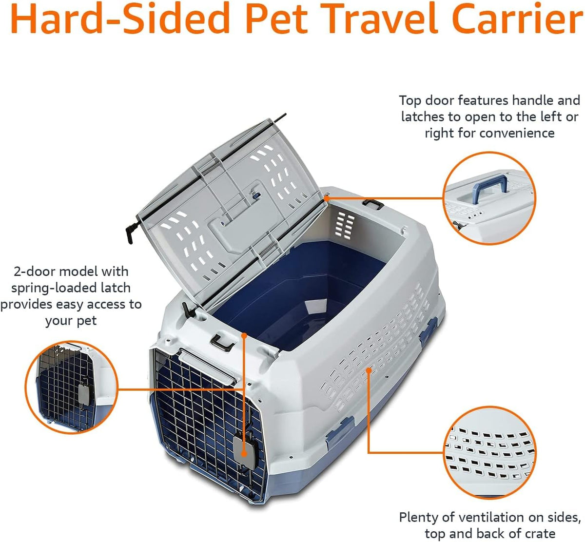2-Door Top-Load Hard-Sided Pet Travel Carrier for Cats and Small Dogs, 19" L x 12.6" W x 10" H, Gray & Blue
