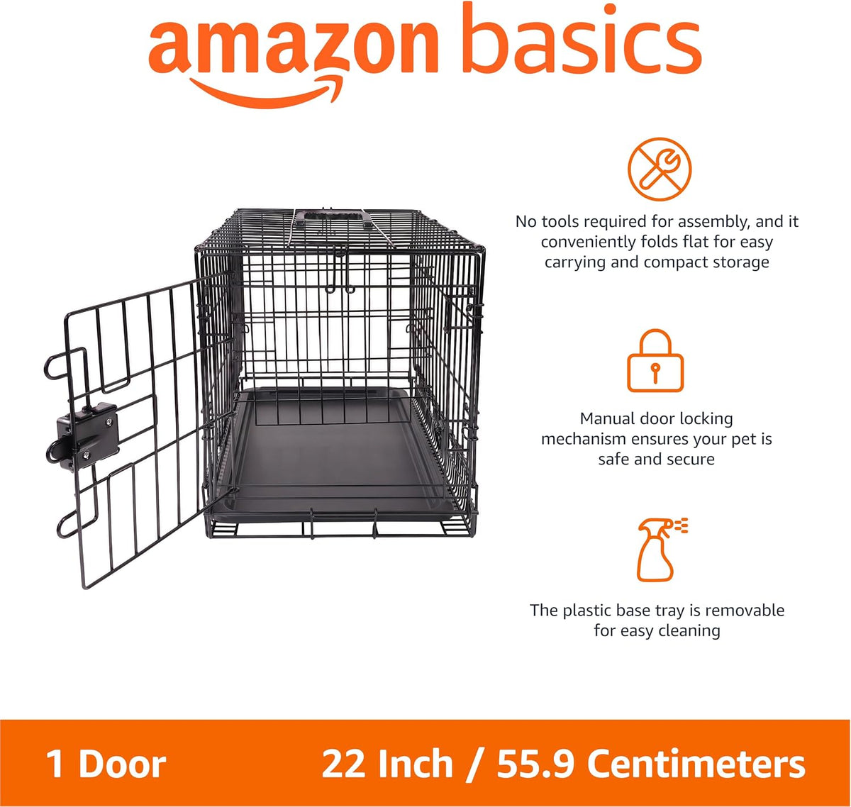 Portable, Foldable Metal Wire Dog Crate with Removable Tray, Single Door, Divider Panel, Collapsible for Travel, 22 x 13 x 16 in, Black