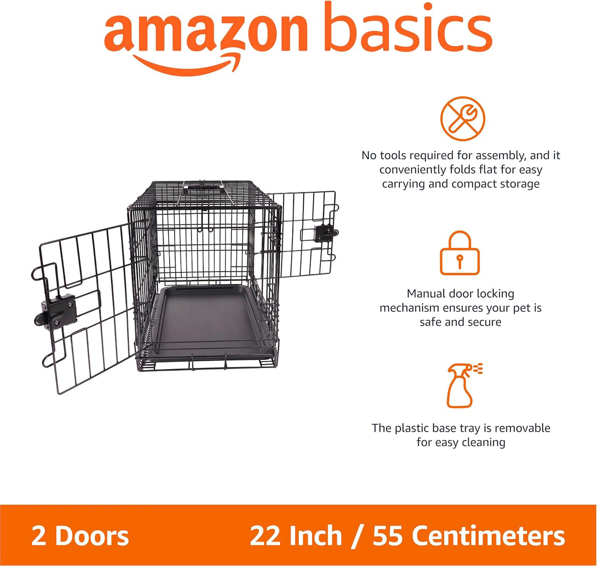 Portable, Foldable Metal Wire Dog Crate with Removable Tray, Single Door, Divider Panel, Collapsible for Travel, 22 x 13 x 16 in, Black