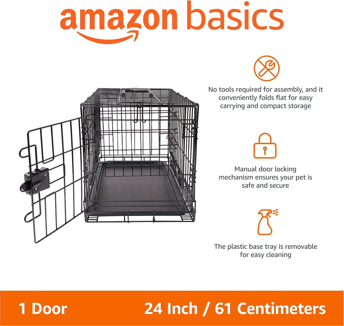 Portable, Foldable Metal Wire Dog Crate with Removable Tray, Single Door, Divider Panel, Collapsible for Travel, 22 x 13 x 16 in, Black