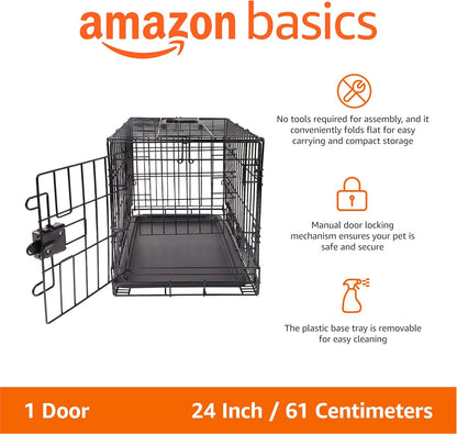 Portable, Foldable Metal Wire Dog Crate with Removable Tray, Single Door, Divider Panel, Collapsible for Travel, 22 x 13 x 16 in, Black