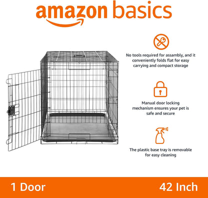 Portable, Foldable Metal Wire Dog Crate with Removable Tray, Single Door, Divider Panel, Collapsible for Travel, 22 x 13 x 16 in, Black