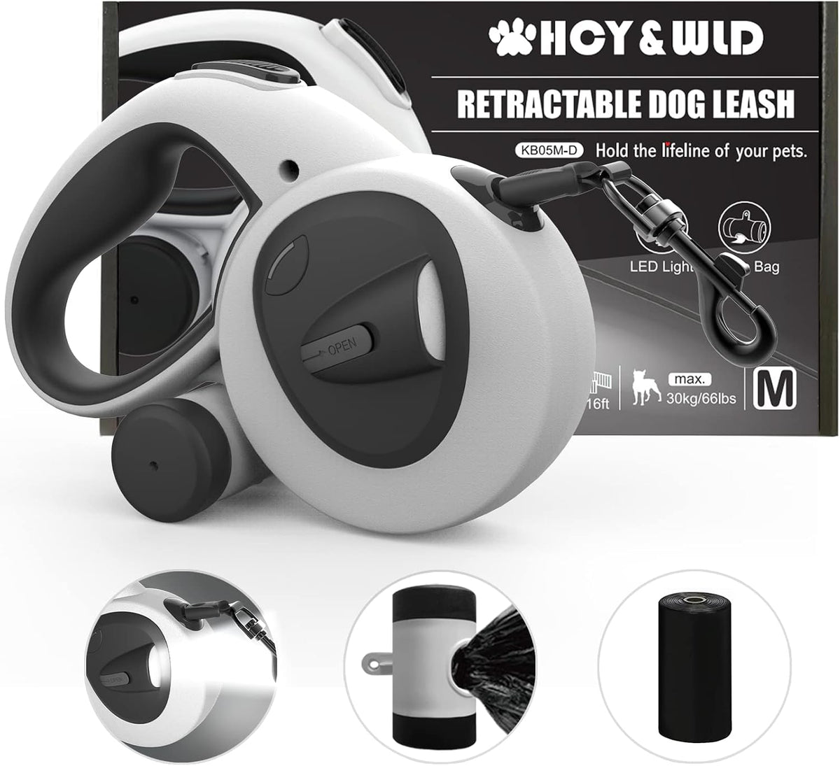 4-in-1 Retractable Dog Leash with LED Light & Dispenser & Poop Bags