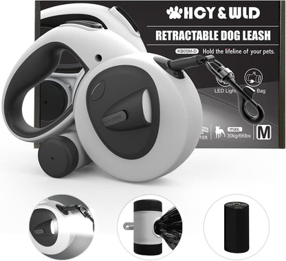 4-in-1 Retractable Dog Leash with LED Light & Dispenser & Poop Bags