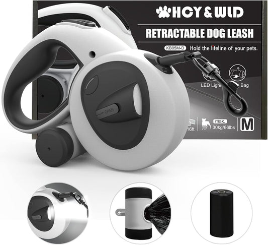 4-in-1 Retractable Dog Leash with LED Light & Dispenser & Poop Bags