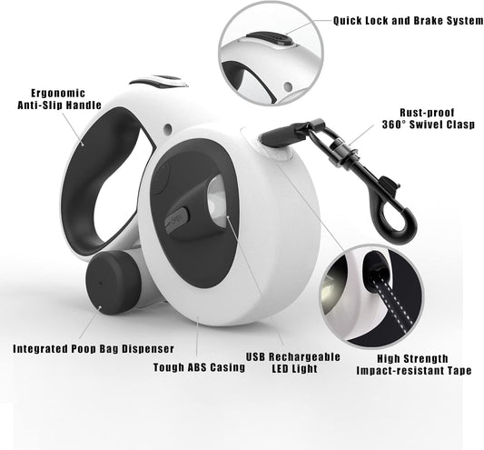 4-in-1 Retractable Dog Leash with LED Light & Dispenser & Poop Bags