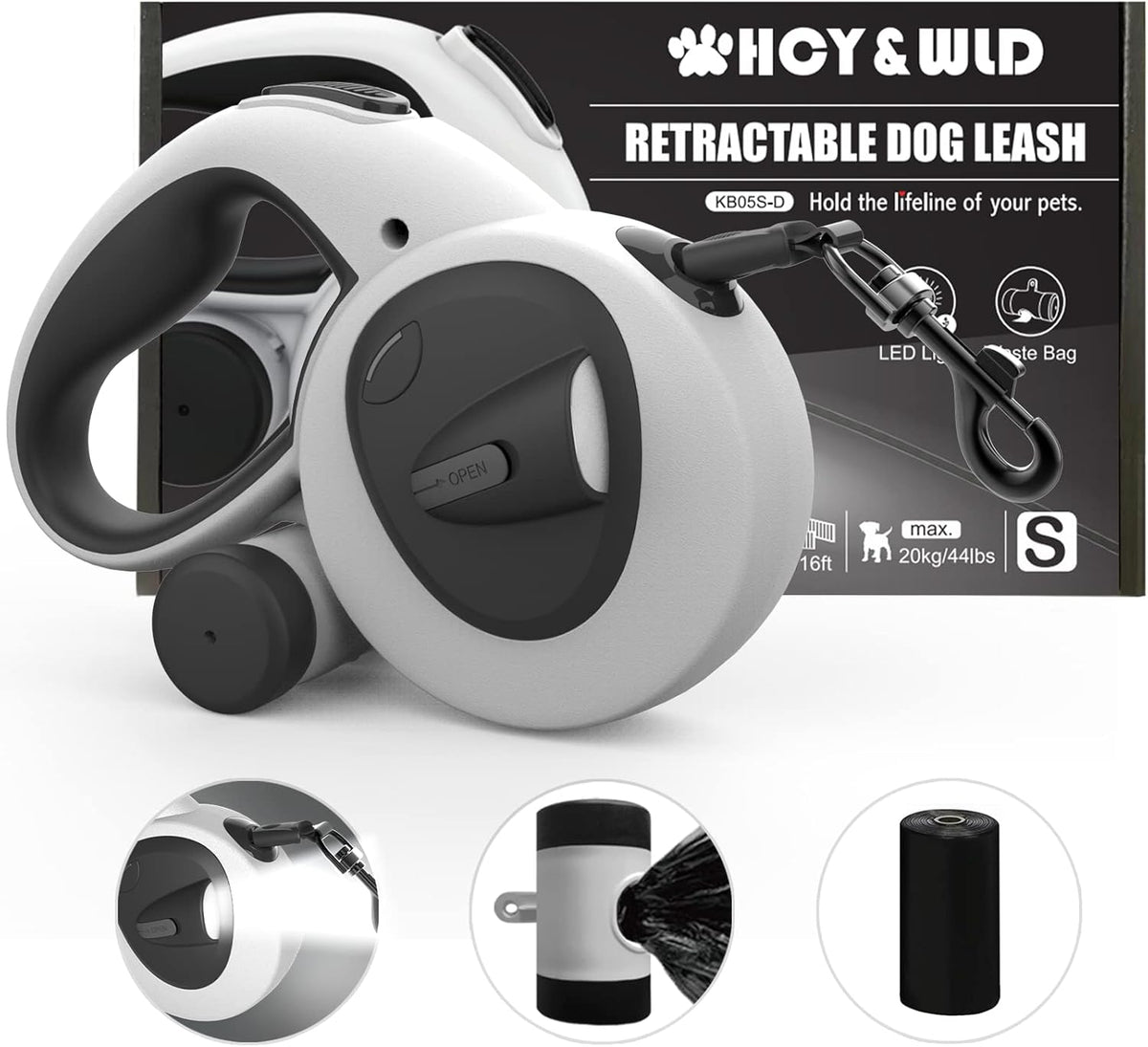 4-in-1 Retractable Dog Leash with LED Light & Dispenser & Poop Bags