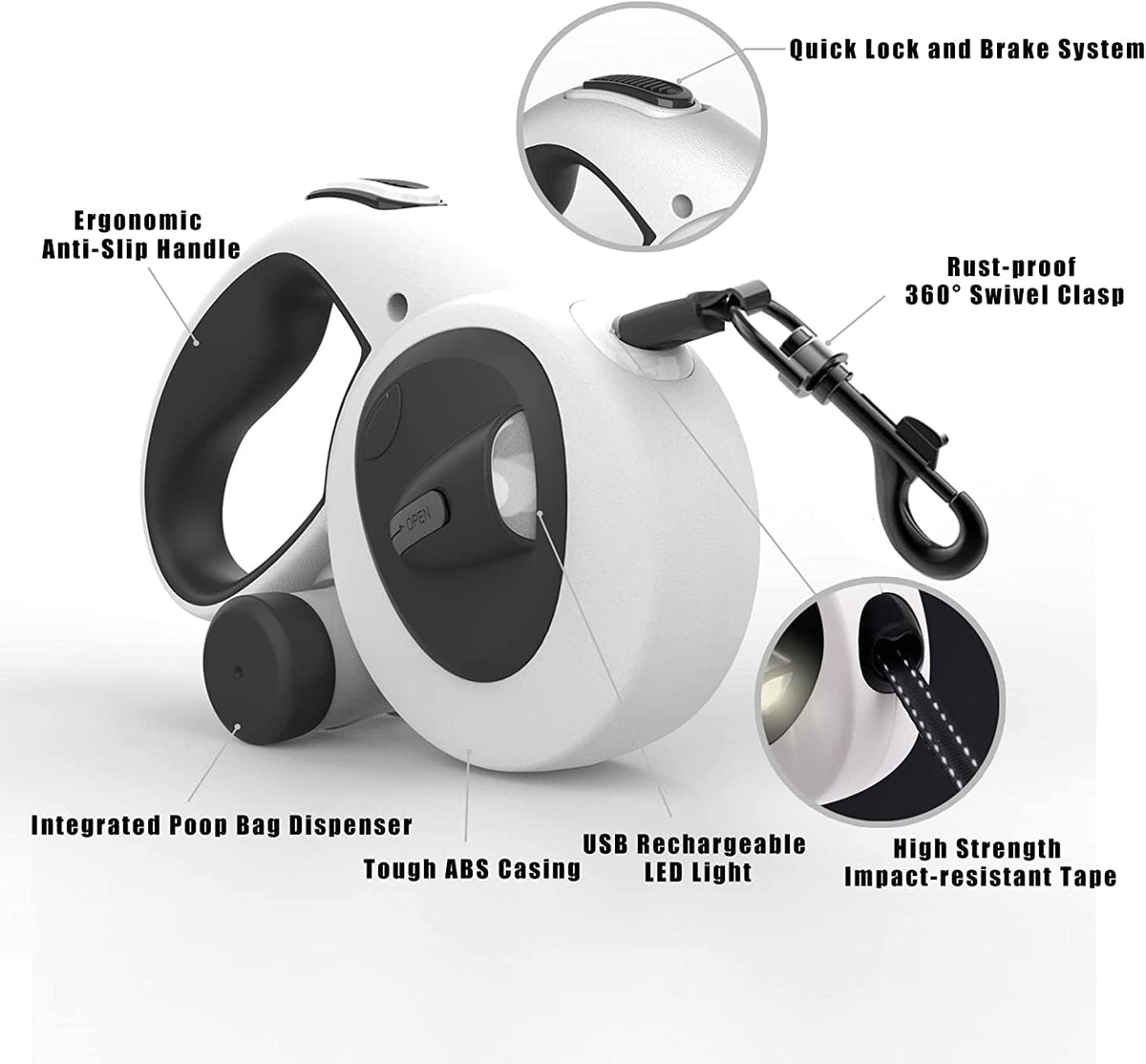 4-in-1 Retractable Dog Leash with LED Light & Dispenser & Poop Bags