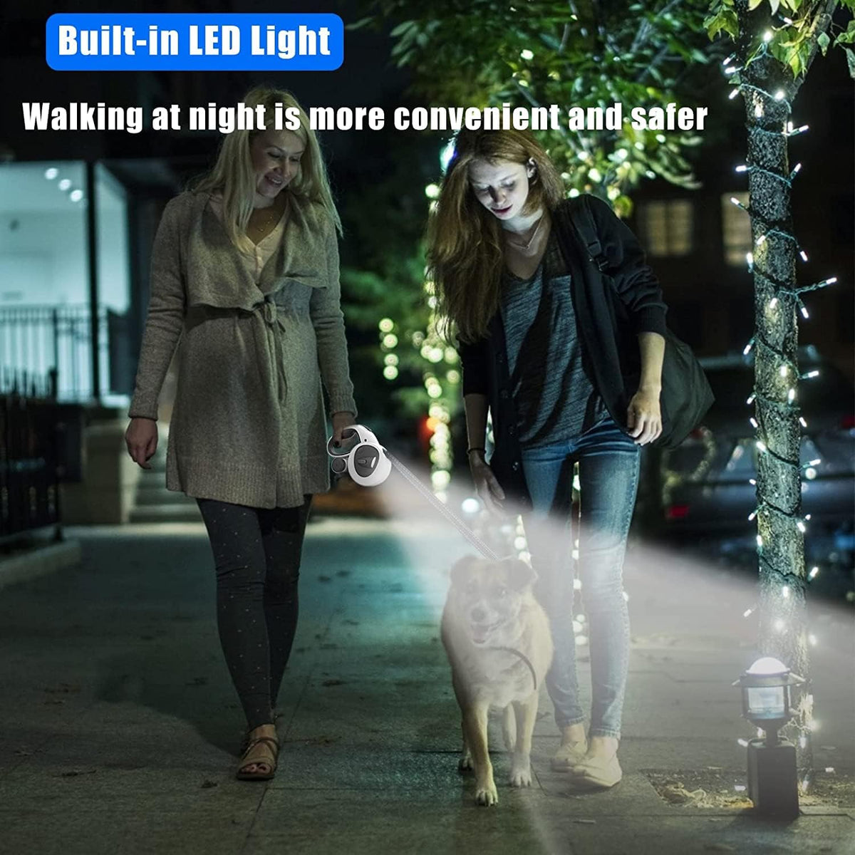 4-in-1 Retractable Dog Leash with LED Light & Dispenser & Poop Bags