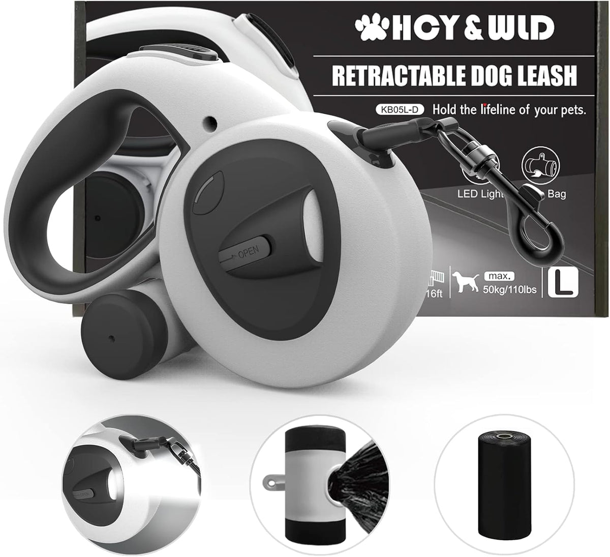 4-in-1 Retractable Dog Leash with LED Light & Dispenser & Poop Bags