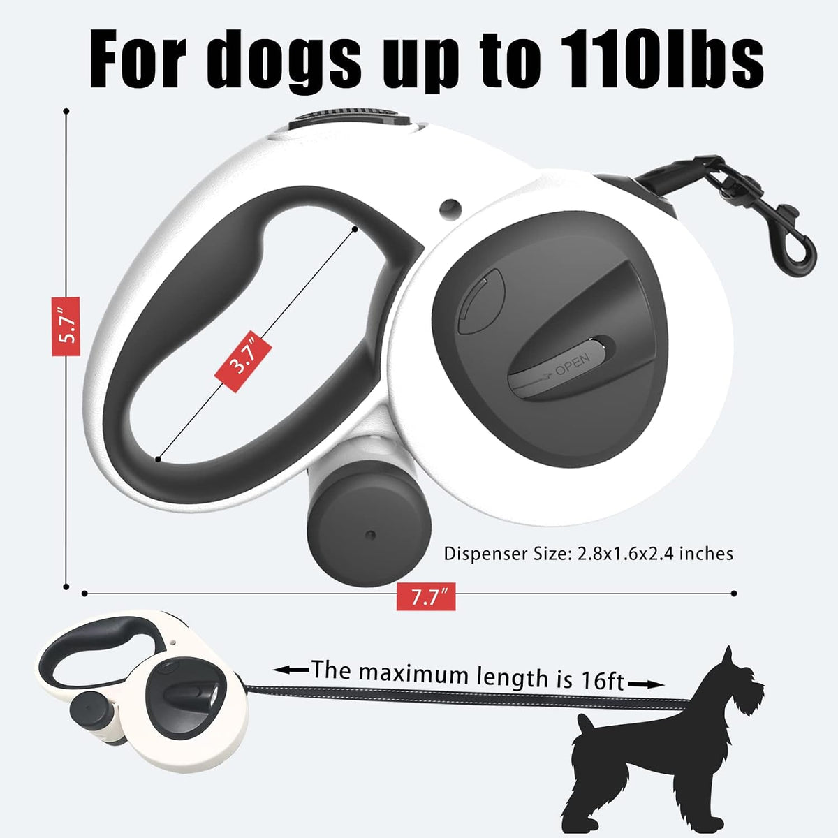 4-in-1 Retractable Dog Leash with LED Light & Dispenser & Poop Bags