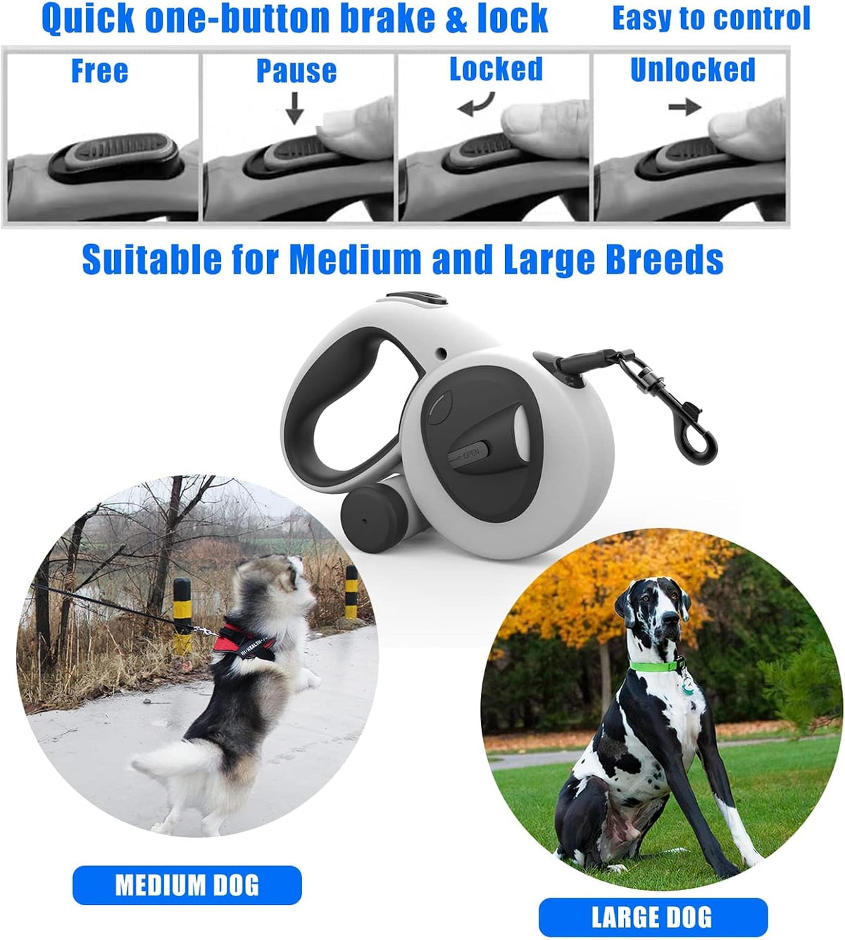 4-in-1 Retractable Dog Leash with LED Light & Dispenser & Poop Bags