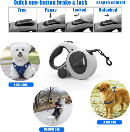 4-in-1 Retractable Dog Leash with LED Light & Dispenser & Poop Bags