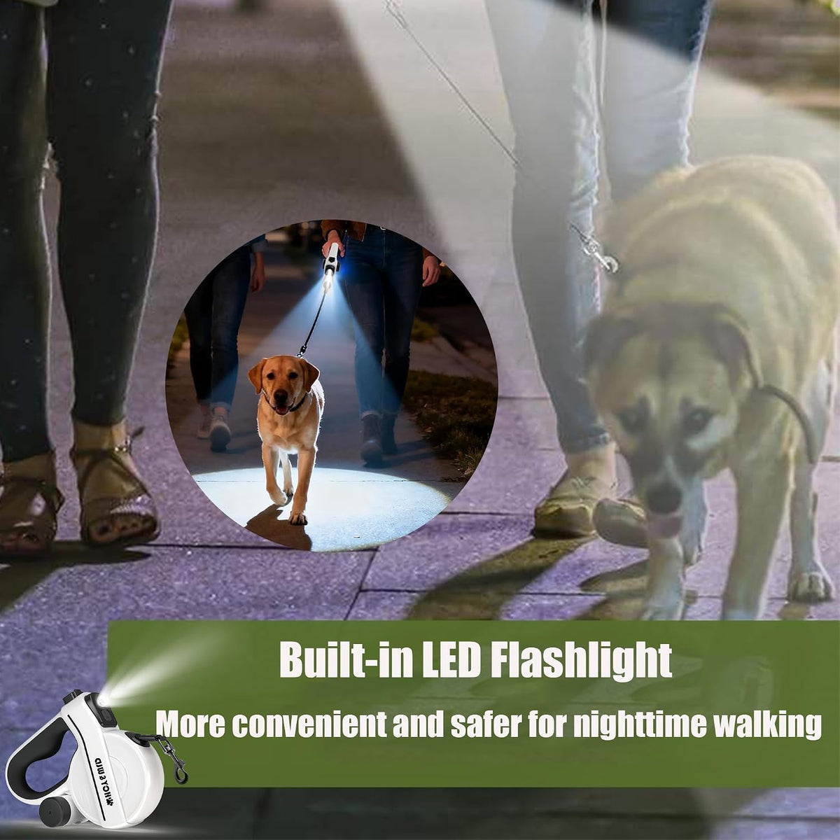 4-in-1 Retractable Dog Leash with LED Light & Dispenser & Poop Bags