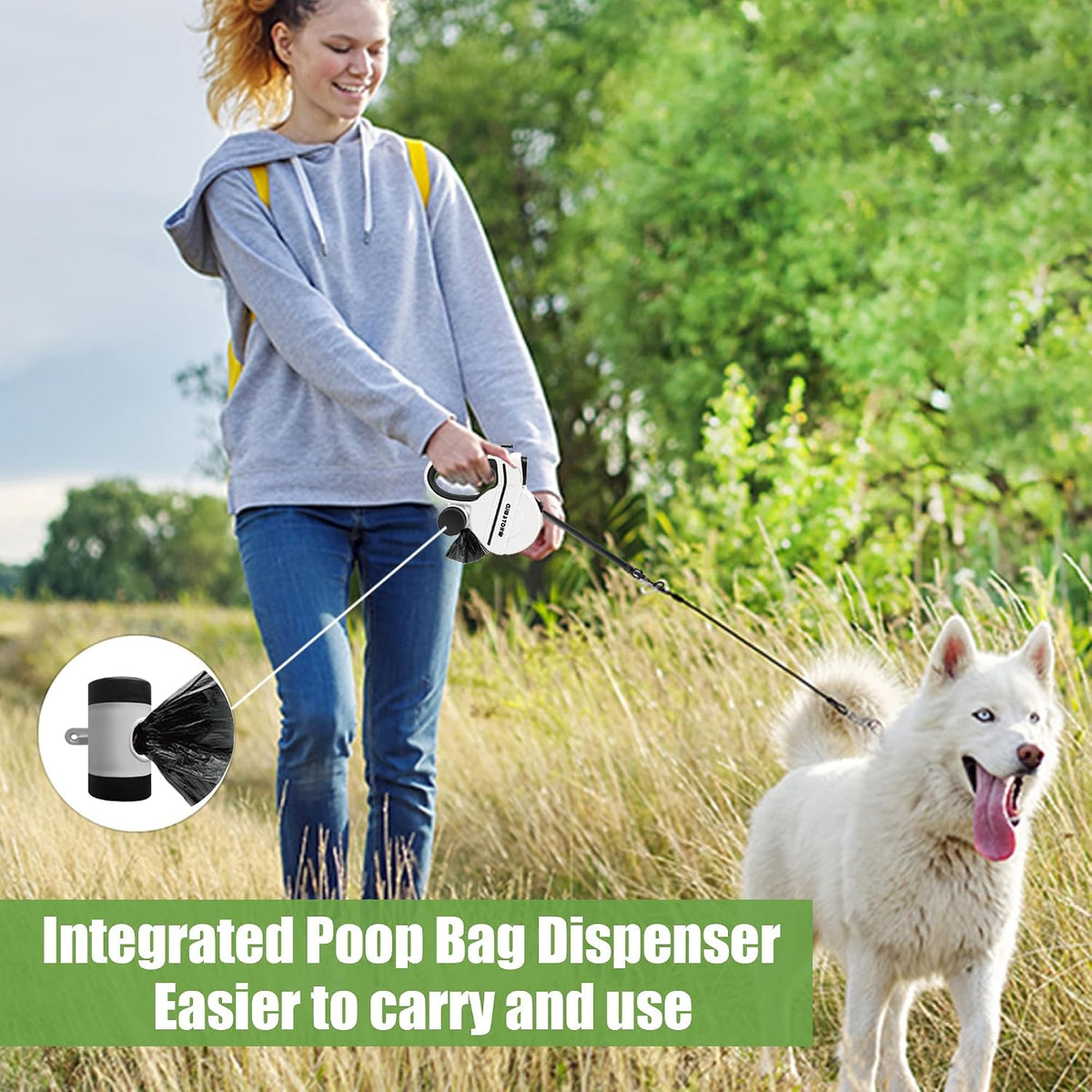 4-in-1 Retractable Dog Leash with LED Light & Dispenser & Poop Bags