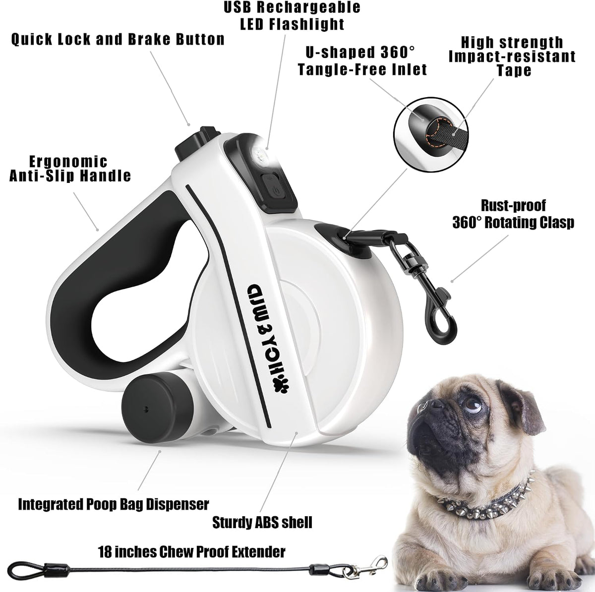 4-in-1 Retractable Dog Leash with LED Light & Dispenser & Poop Bags