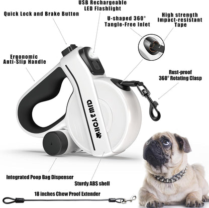 4-in-1 Retractable Dog Leash with LED Light & Dispenser & Poop Bags