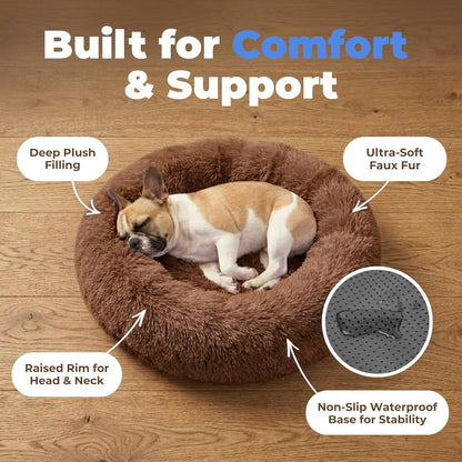 Best Pet Supplies Round Calming Dog Bed for Small, Medium & Large Dogs, Plush Donut Cuddler Pet Bed w/Raised Rim for Head, Neck Support, Anti-Slip Bottom Washable Bed - Caramel, 24 x 24 x 7