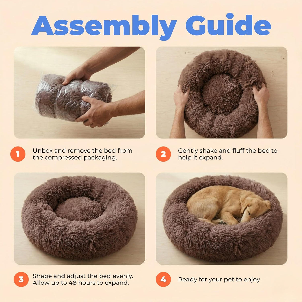 Best Pet Supplies Round Calming Dog Bed for Small, Medium & Large Dogs, Plush Donut Cuddler Pet Bed w/Raised Rim for Head, Neck Support, Anti-Slip Bottom Washable Bed - Caramel, 24 x 24 x 7