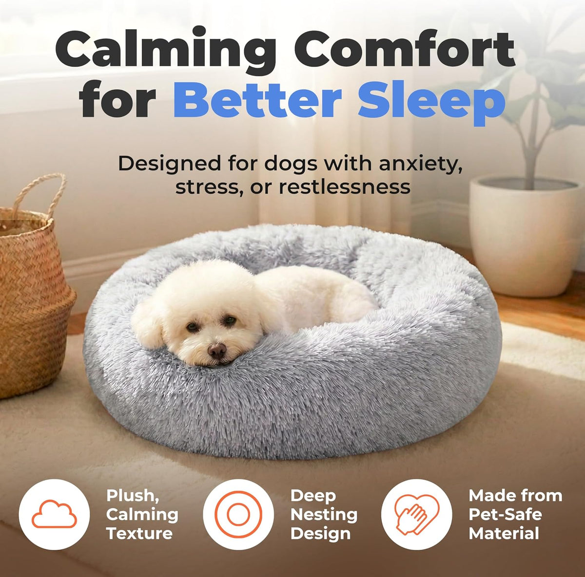 Best Pet Supplies Round Calming Dog Bed for Small, Medium & Large Dogs, Plush Donut Cuddler Pet Bed w/Raised Rim for Head, Neck Support, Anti-Slip Bottom Washable Bed - Caramel, 24 x 24 x 7