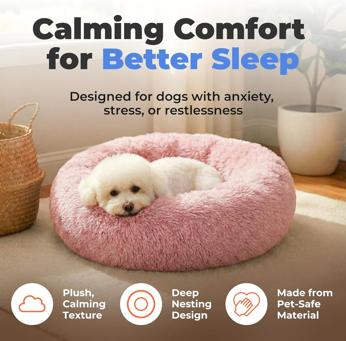 Best Pet Supplies Round Calming Dog Bed for Small, Medium & Large Dogs, Plush Donut Cuddler Pet Bed w/Raised Rim for Head, Neck Support, Anti-Slip Bottom Washable Bed - Caramel, 24 x 24 x 7