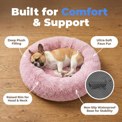 Best Pet Supplies Round Calming Dog Bed for Small, Medium & Large Dogs, Plush Donut Cuddler Pet Bed w/Raised Rim for Head, Neck Support, Anti-Slip Bottom Washable Bed - Caramel, 24 x 24 x 7