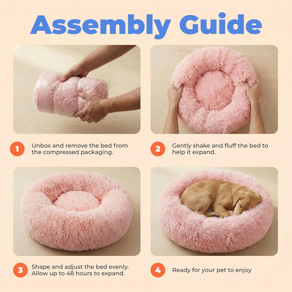 Best Pet Supplies Round Calming Dog Bed for Small, Medium & Large Dogs, Plush Donut Cuddler Pet Bed w/Raised Rim for Head, Neck Support, Anti-Slip Bottom Washable Bed - Caramel, 24 x 24 x 7