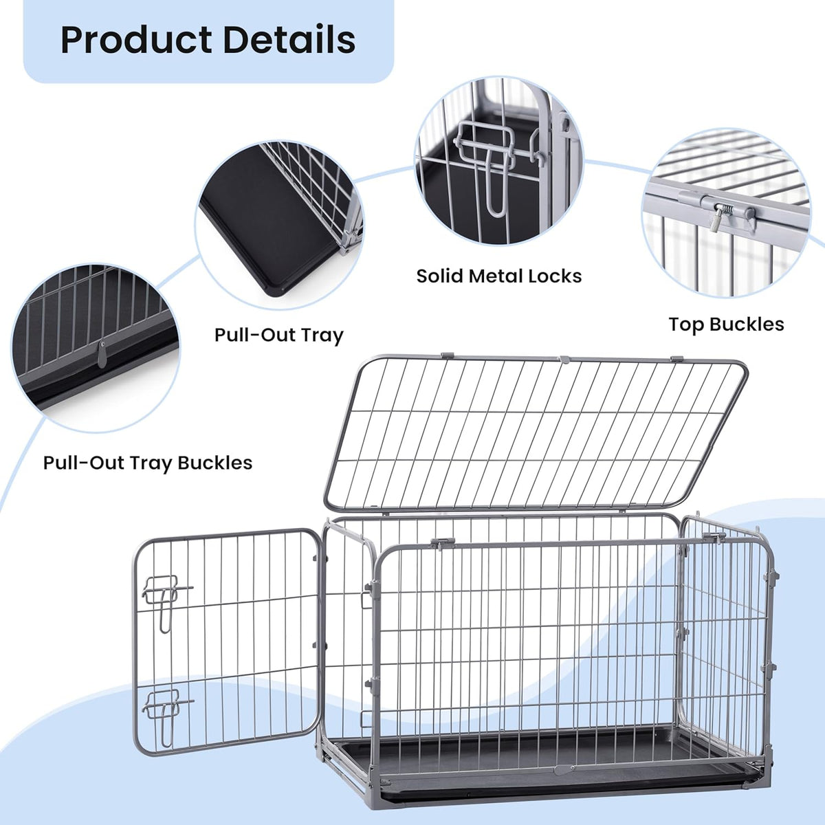 Collapsible Dog Crate for Medium Dogs - 36 inch Escape Proof Metal Dog Kennel with Double Door, Easy Assembly Foldable Dog Cage with Removable Tray, Indoor Outdoor Use, Silver Gray