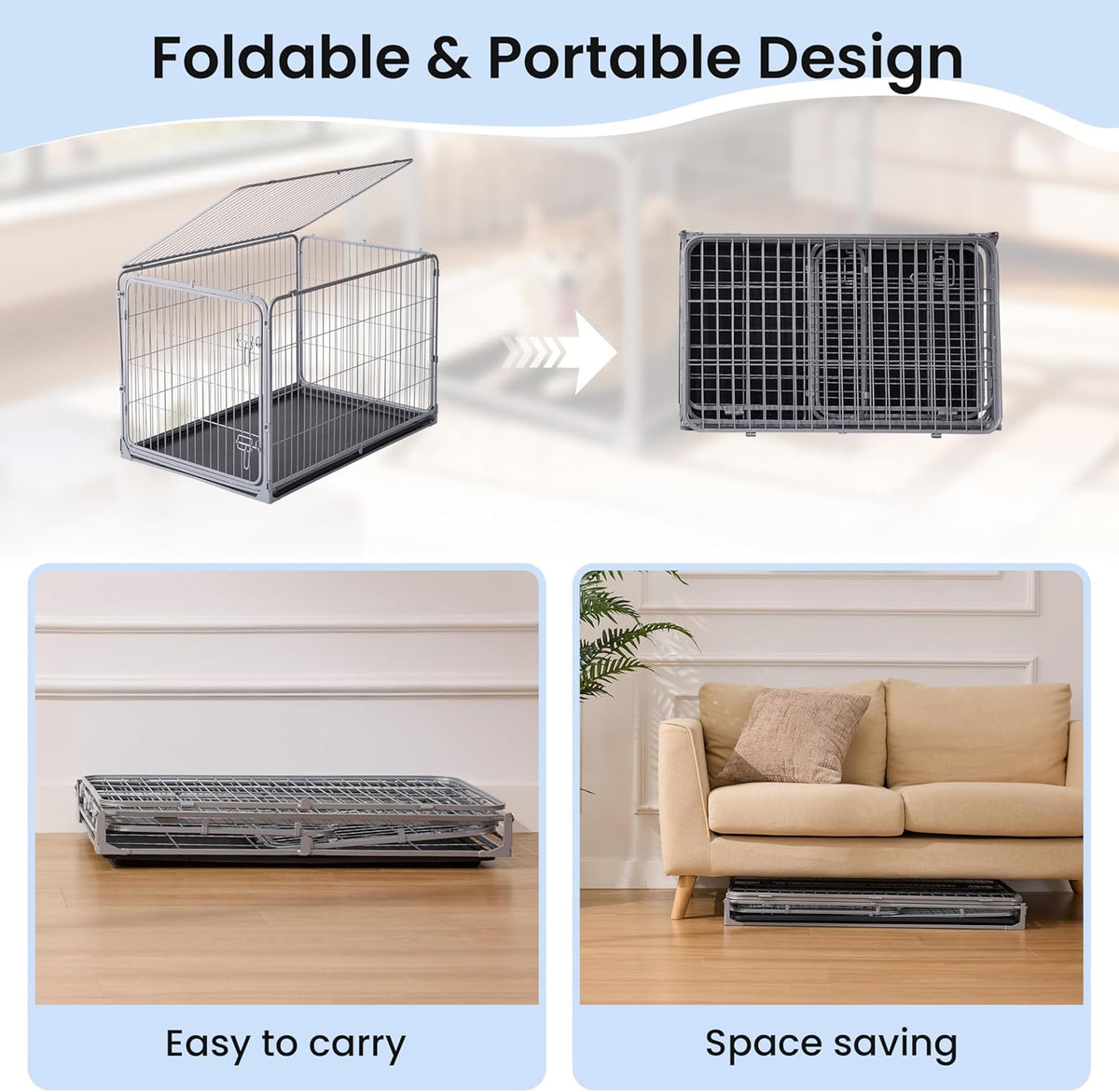 Collapsible Dog Crate for Medium Dogs - 36 inch Escape Proof Metal Dog Kennel with Double Door, Easy Assembly Foldable Dog Cage with Removable Tray, Indoor Outdoor Use, Silver Gray