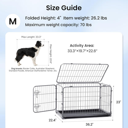 Collapsible Dog Crate for Medium Dogs - 36 inch Escape Proof Metal Dog Kennel with Double Door, Easy Assembly Foldable Dog Cage with Removable Tray, Indoor Outdoor Use, Silver Gray