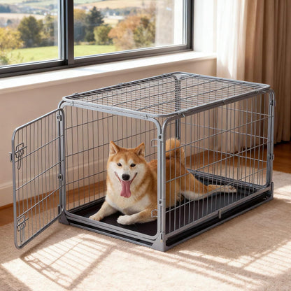 Collapsible Dog Crate for Medium Dogs - 36 inch Escape Proof Metal Dog Kennel with Double Door, Easy Assembly Foldable Dog Cage with Removable Tray, Indoor Outdoor Use, Silver Gray