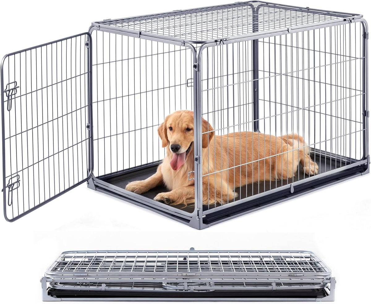 Collapsible Dog Crate for Medium Dogs - 36 inch Escape Proof Metal Dog Kennel with Double Door, Easy Assembly Foldable Dog Cage with Removable Tray, Indoor Outdoor Use, Silver Gray