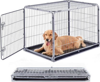 Collapsible Dog Crate for Medium Dogs - 36 inch Escape Proof Metal Dog Kennel with Double Door, Easy Assembly Foldable Dog Cage with Removable Tray, Indoor Outdoor Use, Silver Gray