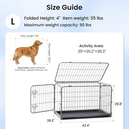 Collapsible Dog Crate for Medium Dogs - 36 inch Escape Proof Metal Dog Kennel with Double Door, Easy Assembly Foldable Dog Cage with Removable Tray, Indoor Outdoor Use, Silver Gray