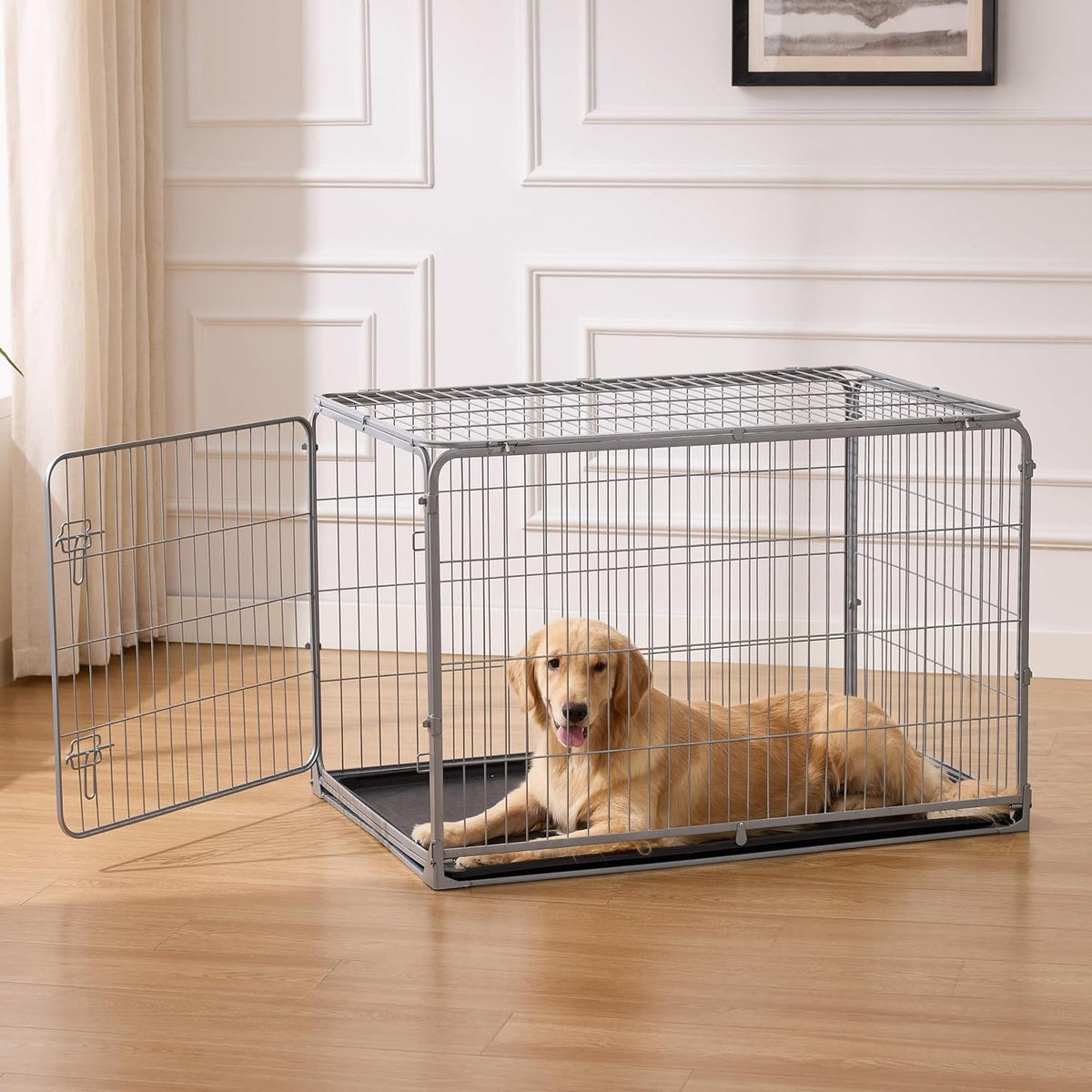 Collapsible Dog Crate for Medium Dogs - 36 inch Escape Proof Metal Dog Kennel with Double Door, Easy Assembly Foldable Dog Cage with Removable Tray, Indoor Outdoor Use, Silver Gray