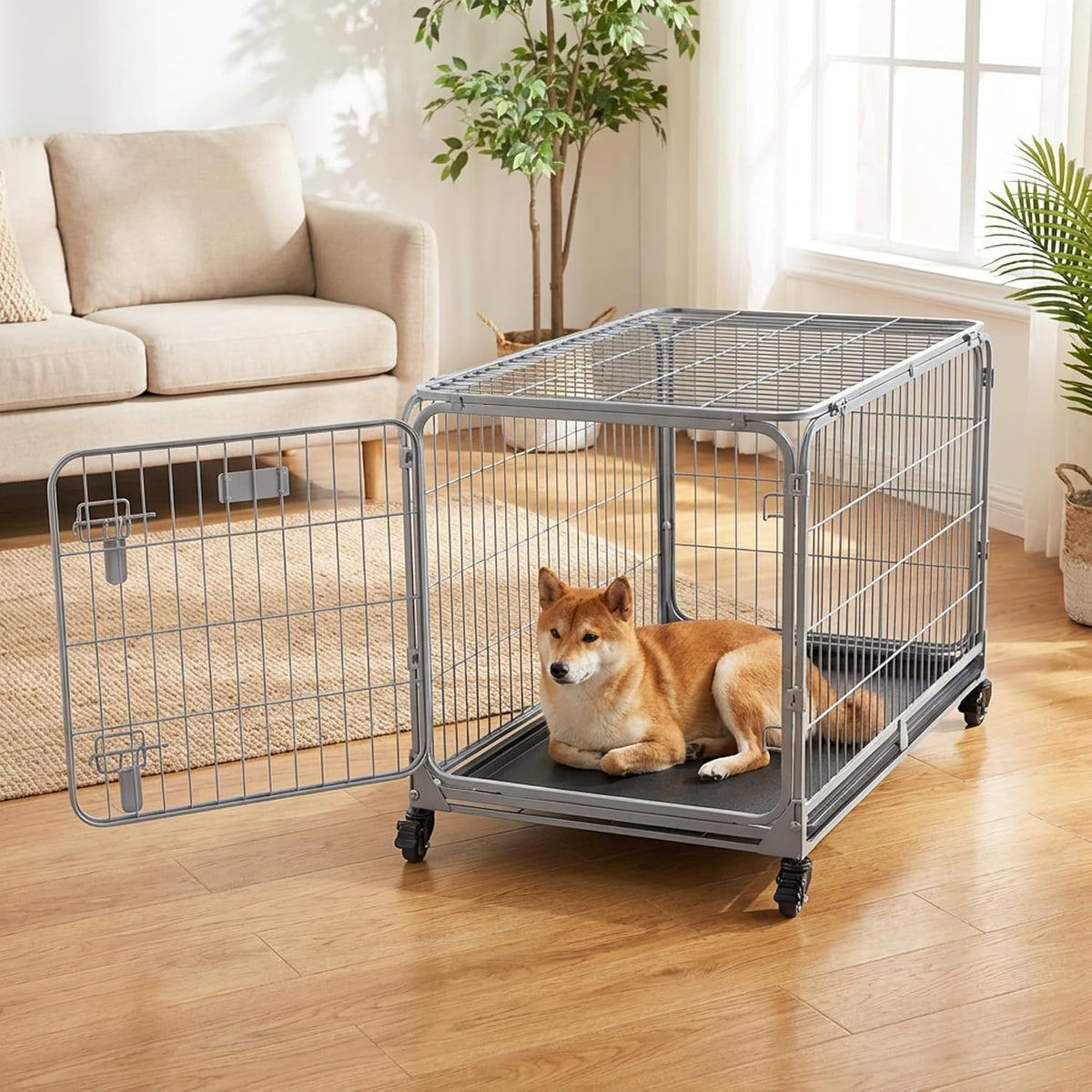 Collapsible Dog Crate for Medium Dogs - 36 inch Escape Proof Metal Dog Kennel with Double Door, Easy Assembly Foldable Dog Cage with Removable Tray, Indoor Outdoor Use, Silver Gray