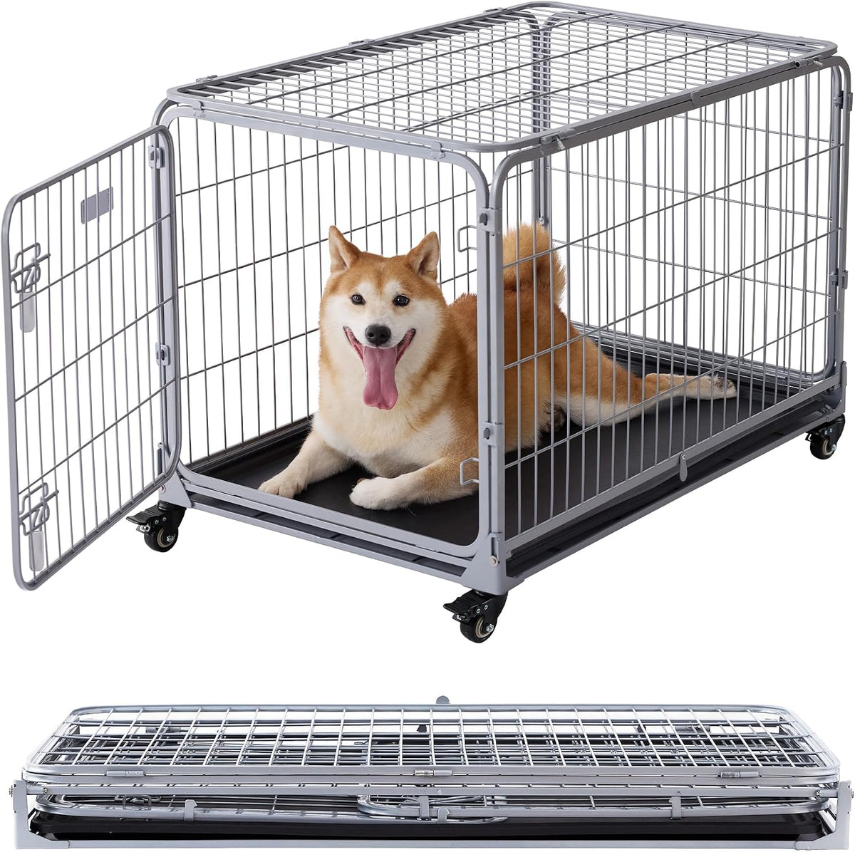 Collapsible Dog Crate for Medium Dogs - 36 inch Escape Proof Metal Dog Kennel with Double Door, Easy Assembly Foldable Dog Cage with Removable Tray, Indoor Outdoor Use, Silver Gray