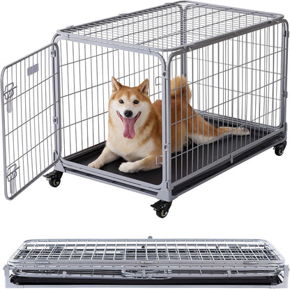 Collapsible Dog Crate for Medium Dogs - 36 inch Escape Proof Metal Dog Kennel with Double Door, Easy Assembly Foldable Dog Cage with Removable Tray, Indoor Outdoor Use, Silver Gray